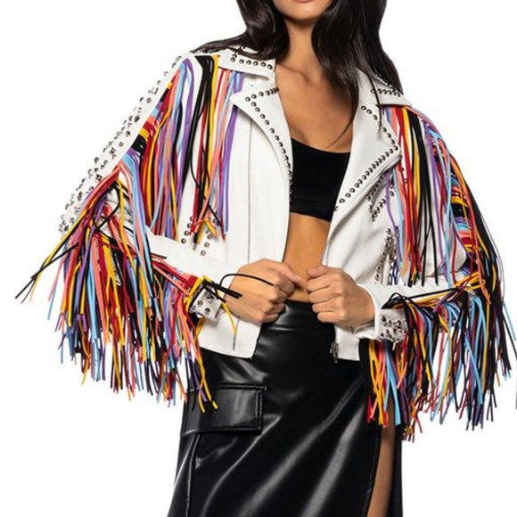Miz God's Promise: Rainbow Fringe Studded Moto Jacket L XL - Picture 6 of 7